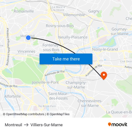 Montreuil to Villiers-Sur-Marne map