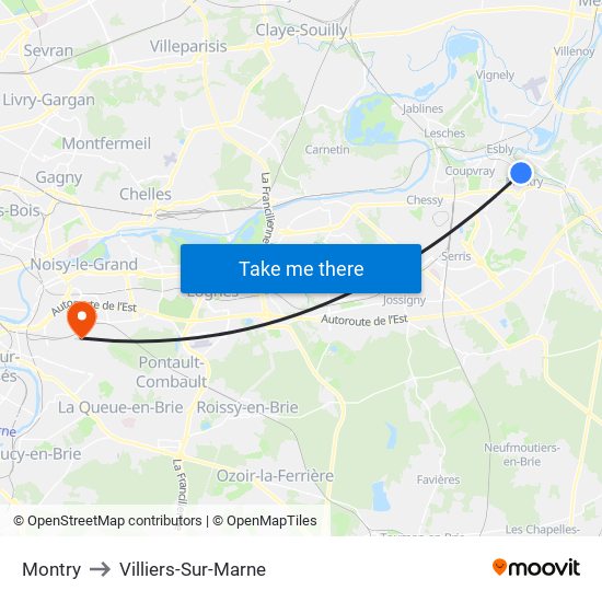 Montry to Villiers-Sur-Marne map