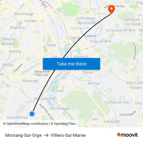 Morsang-Sur-Orge to Villiers-Sur-Marne map