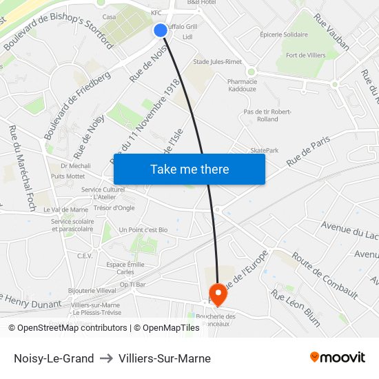 Noisy-Le-Grand to Villiers-Sur-Marne map