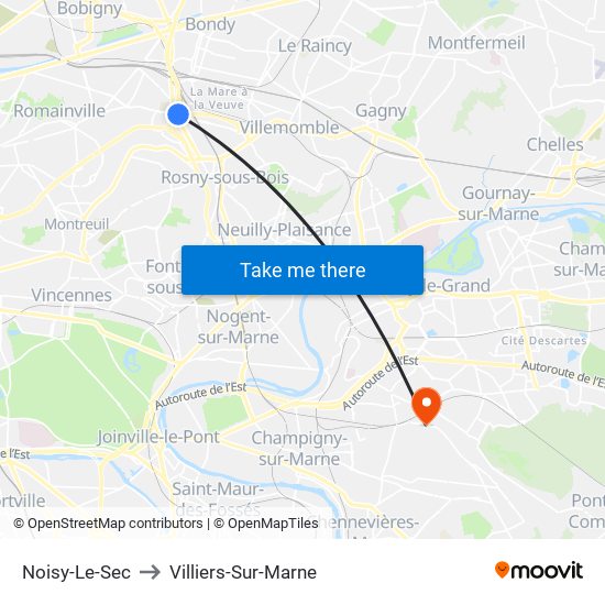 Noisy-Le-Sec to Villiers-Sur-Marne map