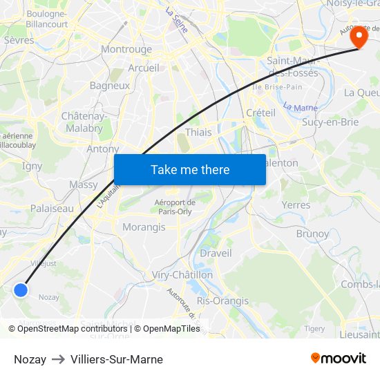 Nozay to Villiers-Sur-Marne map