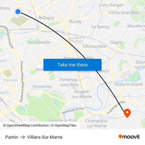 Pantin to Villiers-Sur-Marne map