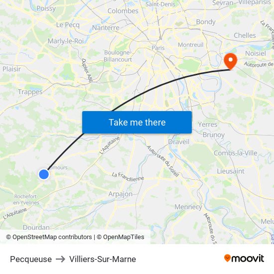 Pecqueuse to Villiers-Sur-Marne map