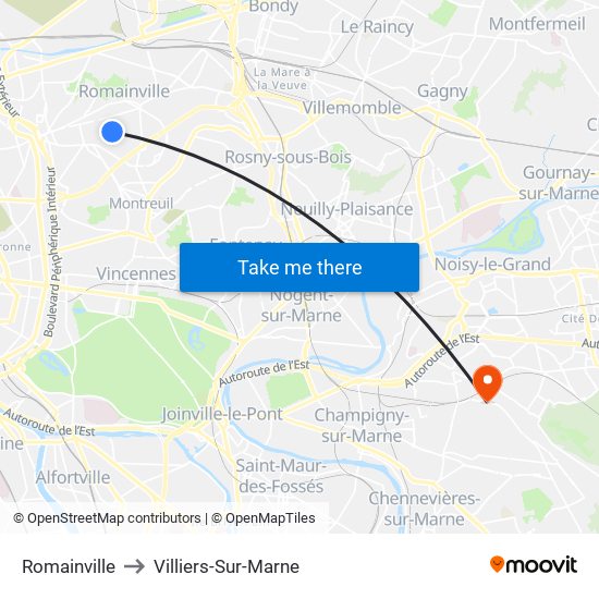 Romainville to Villiers-Sur-Marne map