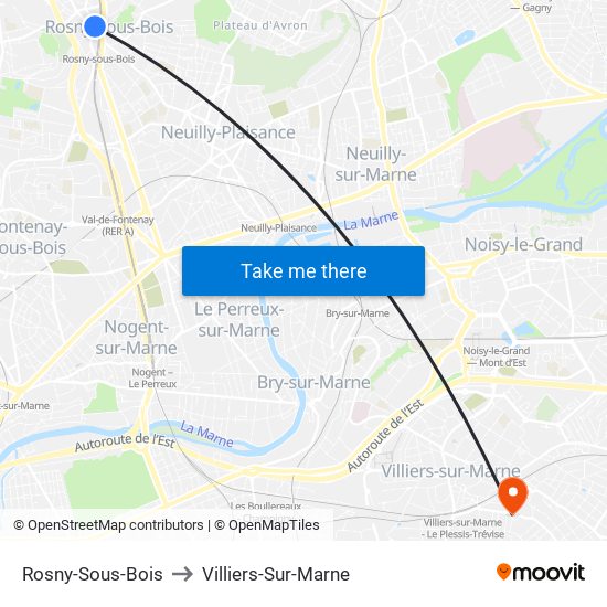 Rosny-Sous-Bois to Villiers-Sur-Marne map