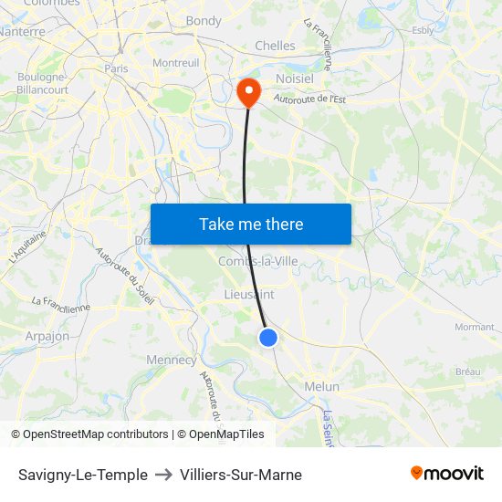 Savigny-Le-Temple to Villiers-Sur-Marne map