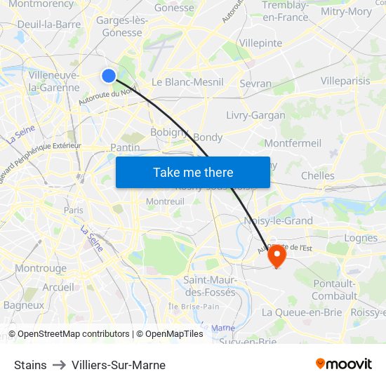 Stains to Villiers-Sur-Marne map
