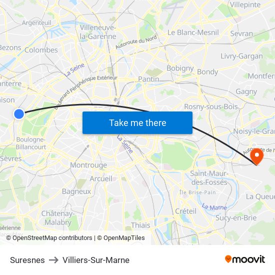 Suresnes to Villiers-Sur-Marne map
