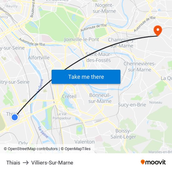 Thiais to Villiers-Sur-Marne map