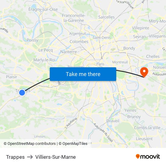 Trappes to Villiers-Sur-Marne map