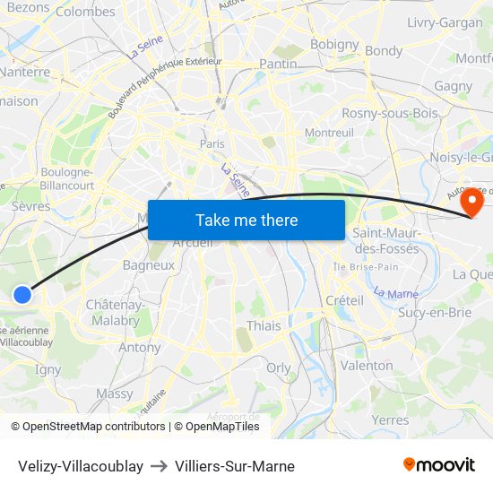 Velizy-Villacoublay to Villiers-Sur-Marne map