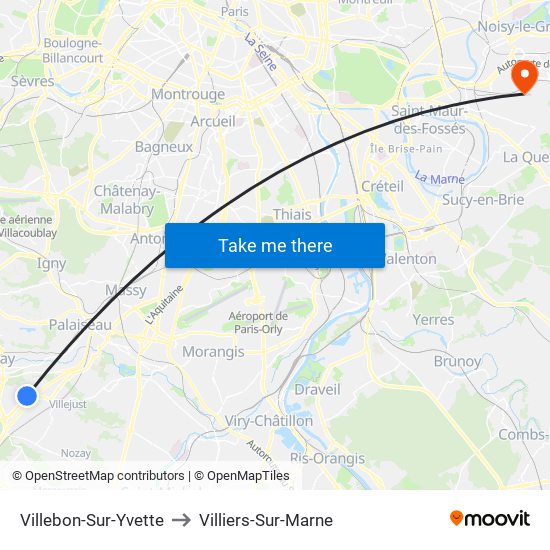 Villebon-Sur-Yvette to Villiers-Sur-Marne map