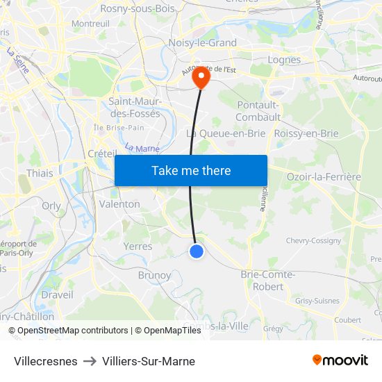 Villecresnes to Villiers-Sur-Marne map