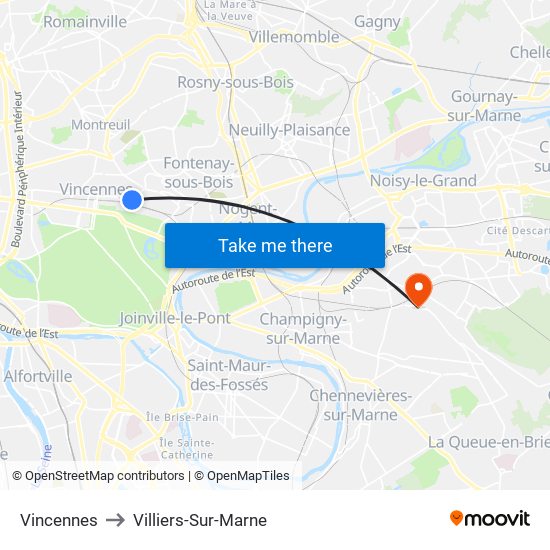 Vincennes to Villiers-Sur-Marne map