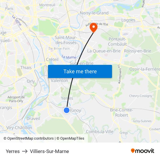Yerres to Villiers-Sur-Marne map