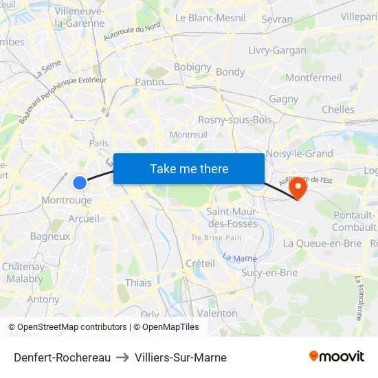 Denfert-Rochereau to Villiers-Sur-Marne map