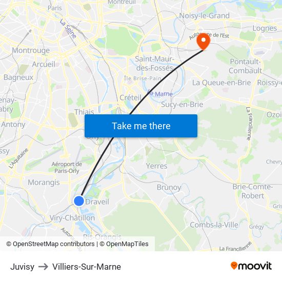 Juvisy to Villiers-Sur-Marne map