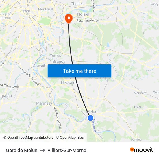 Gare de Melun to Villiers-Sur-Marne map