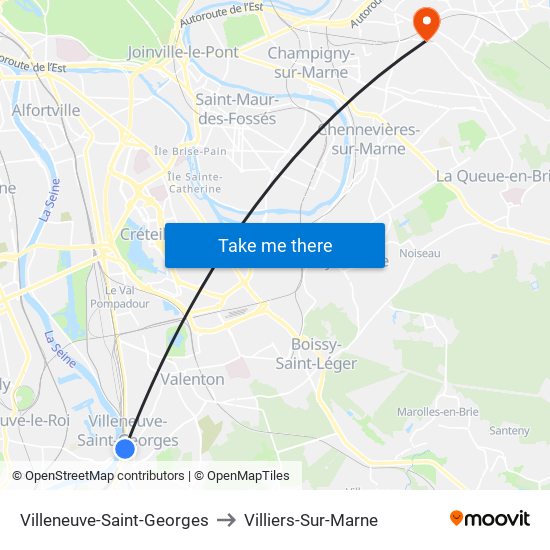 Villeneuve-Saint-Georges to Villiers-Sur-Marne map