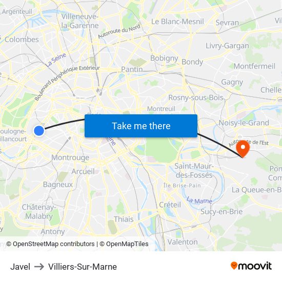 Javel to Villiers-Sur-Marne map