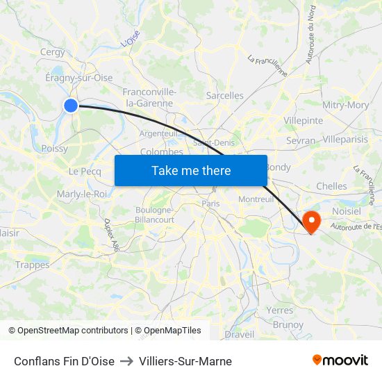 Conflans Fin D'Oise to Villiers-Sur-Marne map