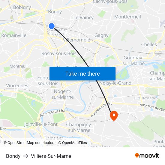 Bondy to Villiers-Sur-Marne map