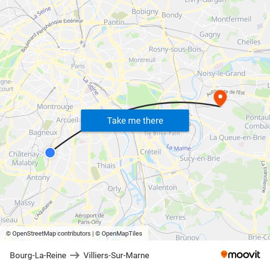 Bourg-La-Reine to Villiers-Sur-Marne map