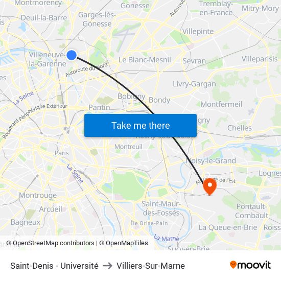 Saint-Denis - Université to Villiers-Sur-Marne map