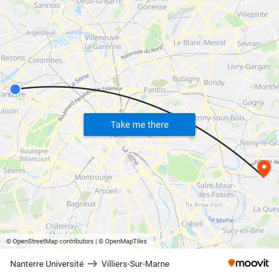 Nanterre Université to Villiers-Sur-Marne map