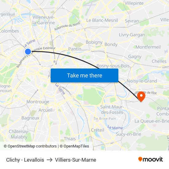Clichy - Levallois to Villiers-Sur-Marne map