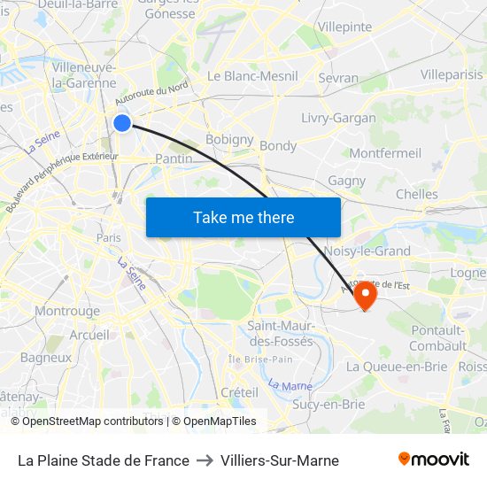La Plaine Stade de France to Villiers-Sur-Marne map