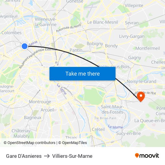 Gare D'Asnieres to Villiers-Sur-Marne map