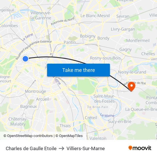 Charles de Gaulle Etoile to Villiers-Sur-Marne map