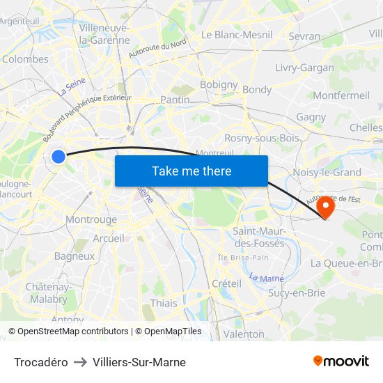 Trocadéro to Villiers-Sur-Marne map