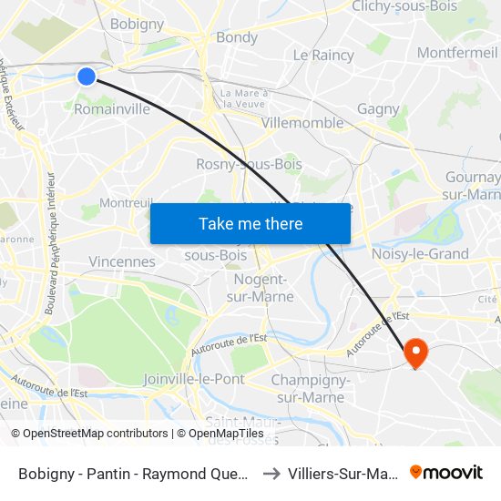 Bobigny - Pantin - Raymond Queneau to Villiers-Sur-Marne map