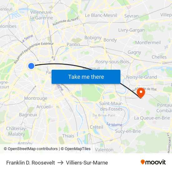 Franklin D. Roosevelt to Villiers-Sur-Marne map