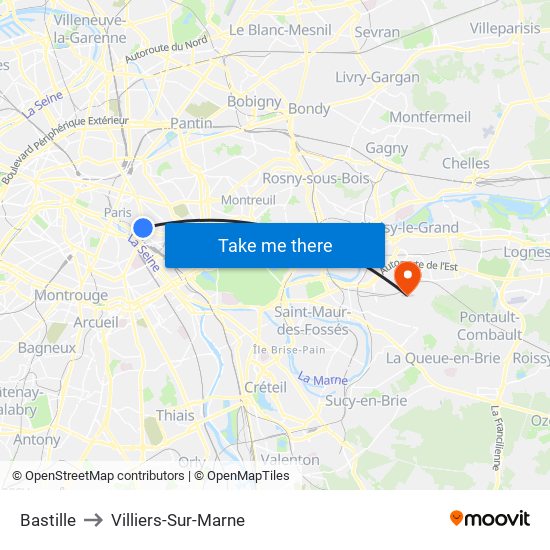 Bastille to Villiers-Sur-Marne map