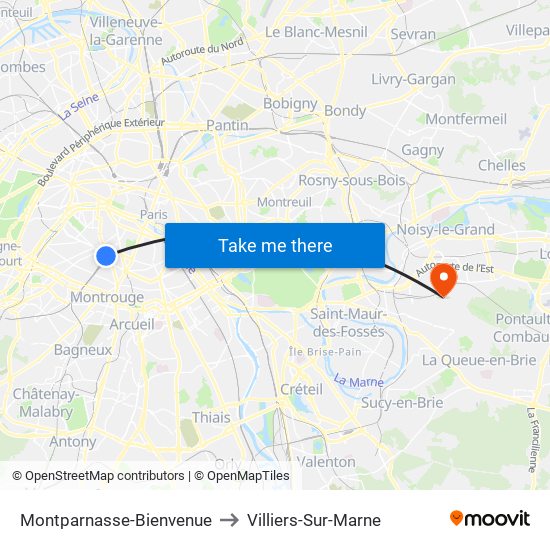 Montparnasse-Bienvenue to Villiers-Sur-Marne map