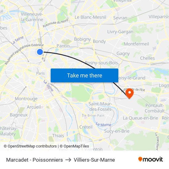 Marcadet - Poissonniers to Villiers-Sur-Marne map