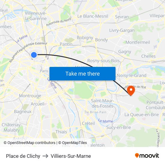 Place de Clichy to Villiers-Sur-Marne map