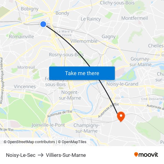 Noisy-Le-Sec to Villiers-Sur-Marne map