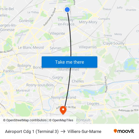 Aéroport Cdg 1 (Terminal 3) to Villiers-Sur-Marne map