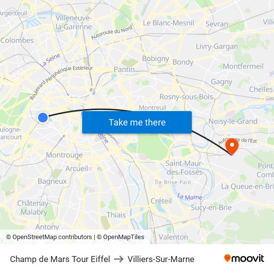 Champ de Mars Tour Eiffel to Villiers-Sur-Marne map