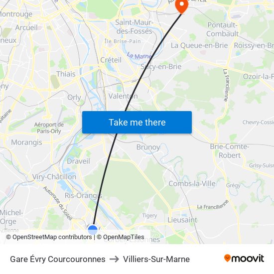 Gare Évry Courcouronnes to Villiers-Sur-Marne map