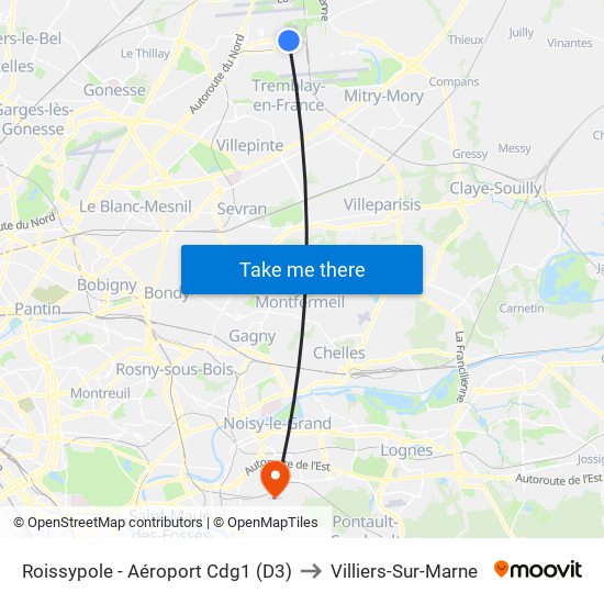 Roissypole - Aéroport Cdg1 (D3) to Villiers-Sur-Marne map