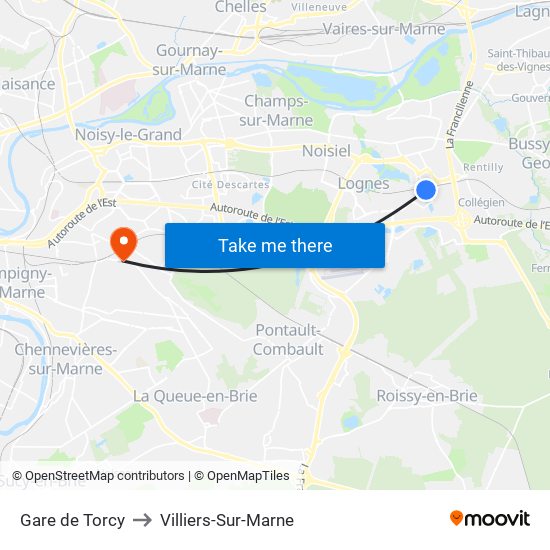 Gare de Torcy to Villiers-Sur-Marne map