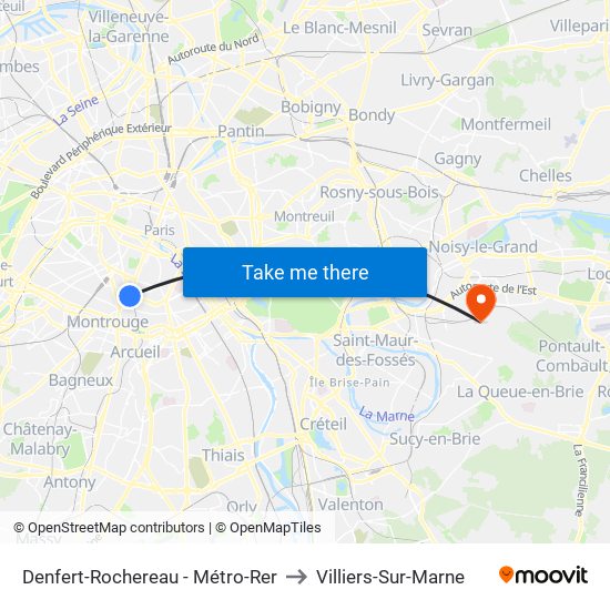 Denfert-Rochereau - Métro-Rer to Villiers-Sur-Marne map