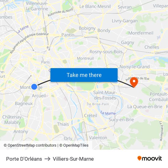 Porte D'Orléans to Villiers-Sur-Marne map