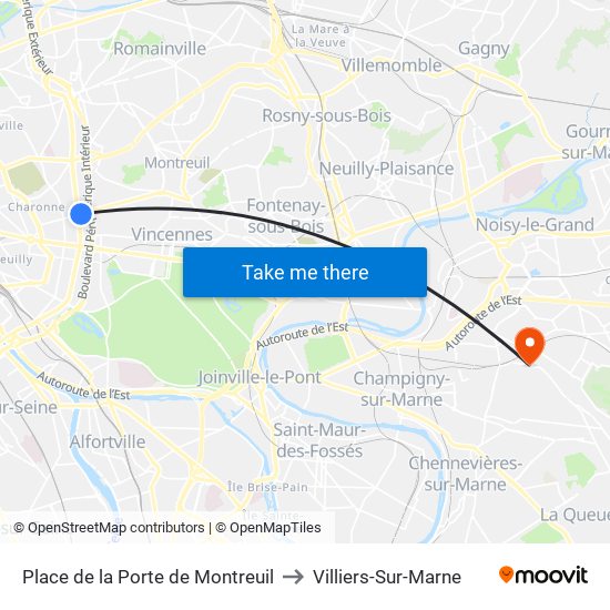 Place de la Porte de Montreuil to Villiers-Sur-Marne map